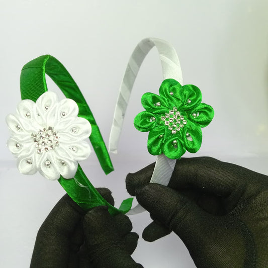 14th August Green & White Satin Flower Hair Band for Girls | Pakistan Independence Day Hair Accessory | Kids Floral Headband