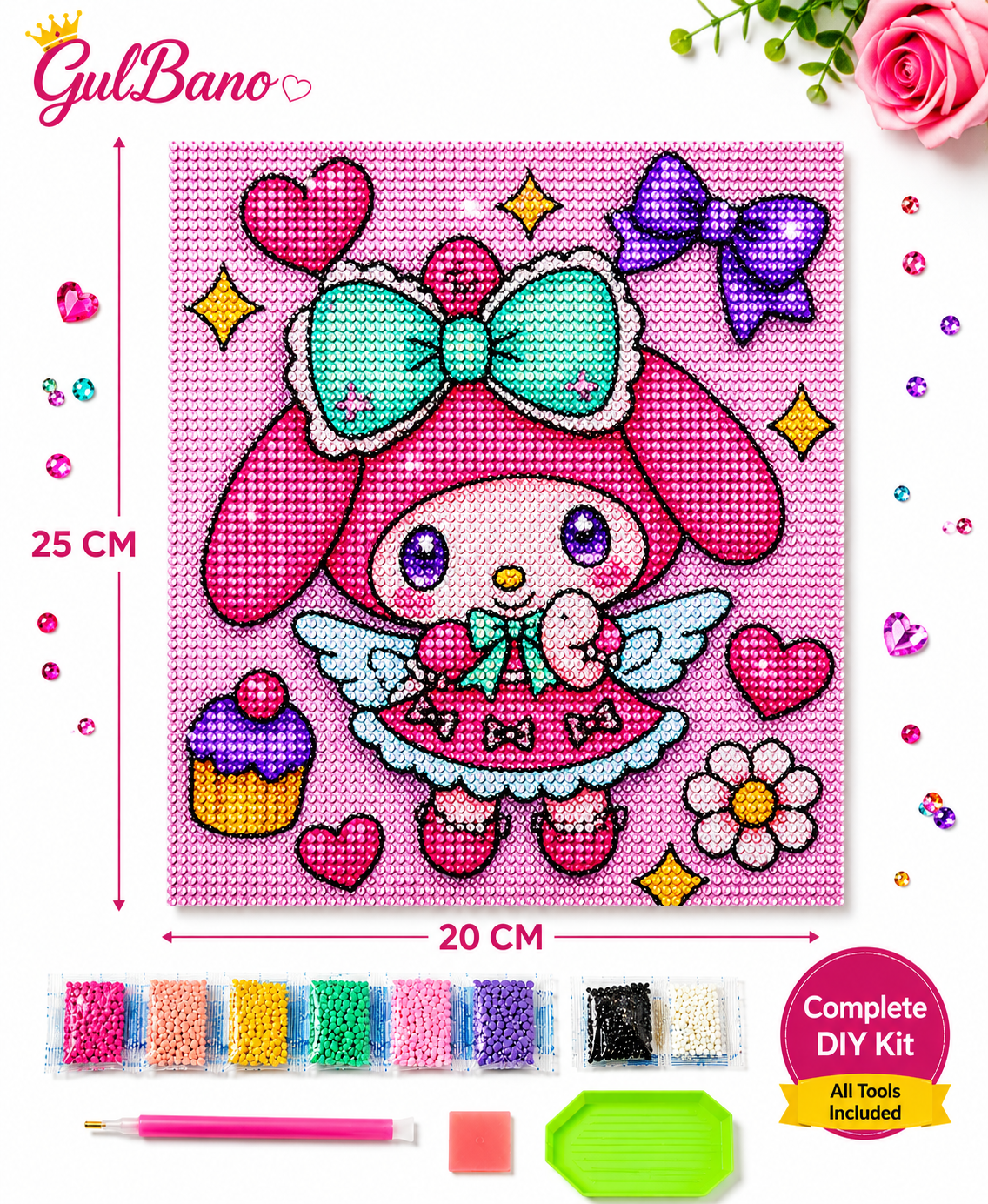 5D DIY Diamond Painting Kit - Full Drill Round - Cute Cartoon Girl - 20x25cm Complete Canvas - Kids Wall Decor - Birthday Gift for Girls - Stress Relief Hobby - All Tools Included