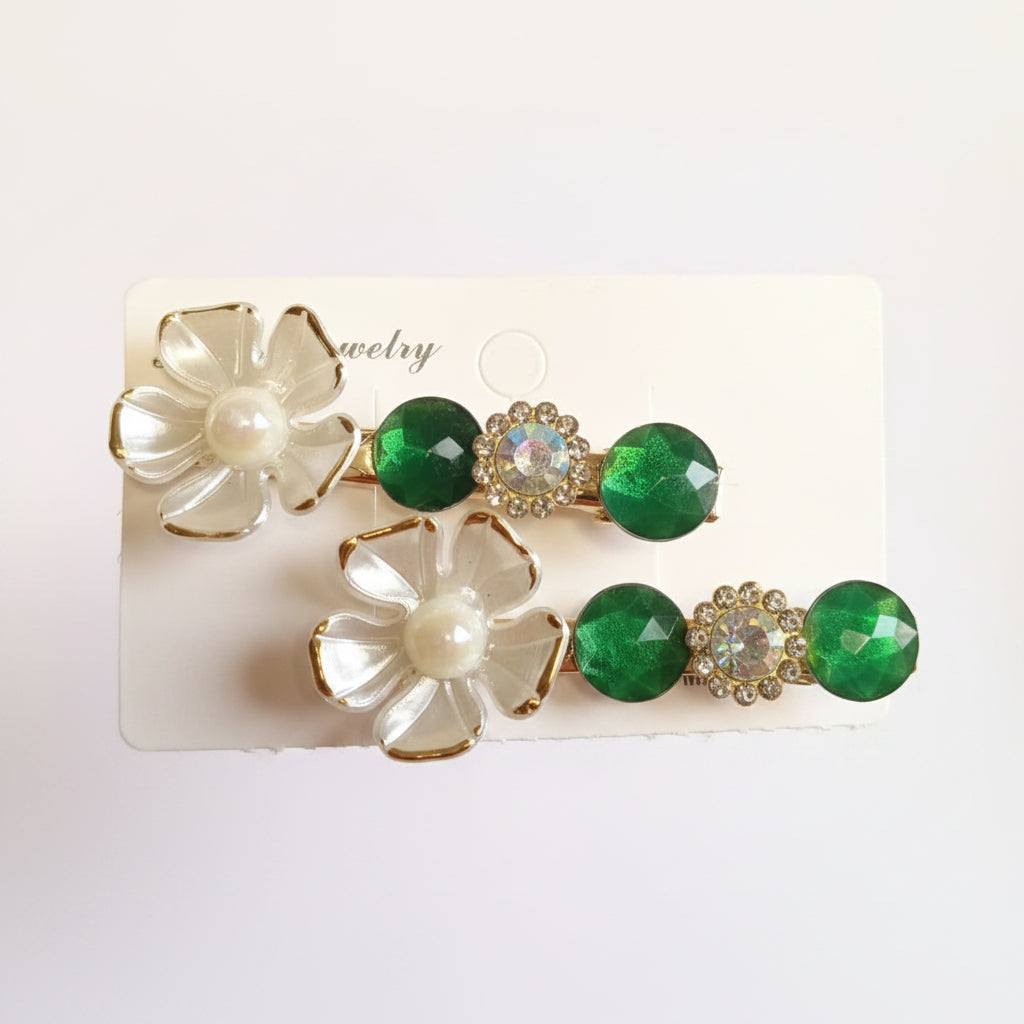 Green Floral Pearl Hair Clips for Girls – Crystal Flower Hair Pins | Pakistan Independence Day Hair Accessories
