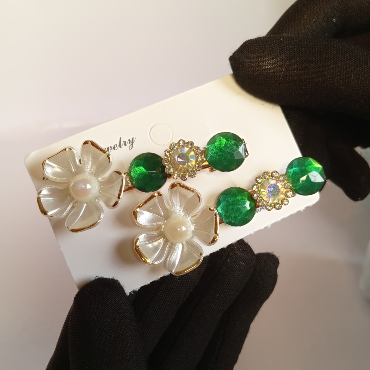 Green Floral Pearl Hair Clips for Girls – Crystal Flower Hair Pins | Pakistan Independence Day Hair Accessories