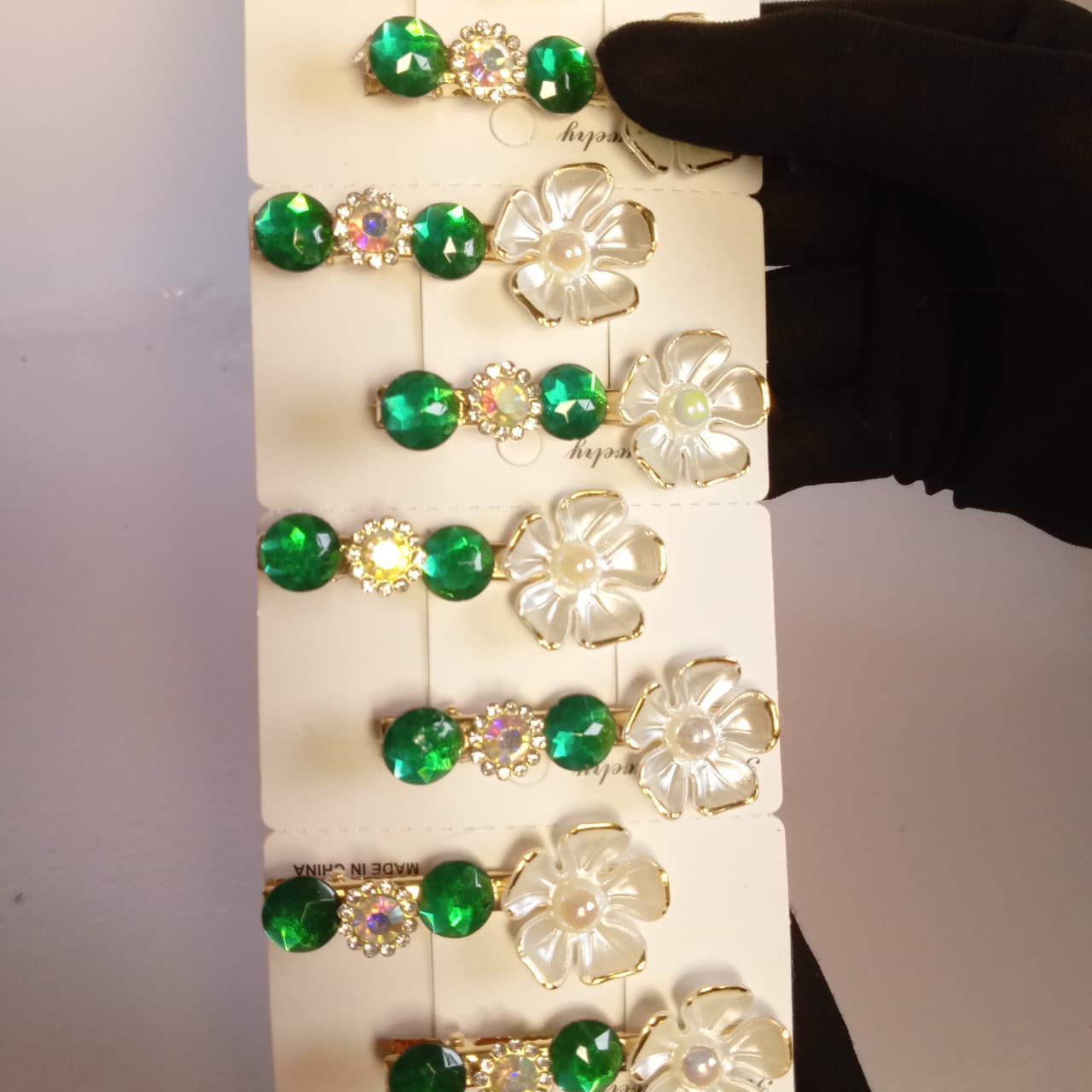 Green Floral Pearl Hair Clips for Girls – Crystal Flower Hair Pins | Pakistan Independence Day Hair Accessories