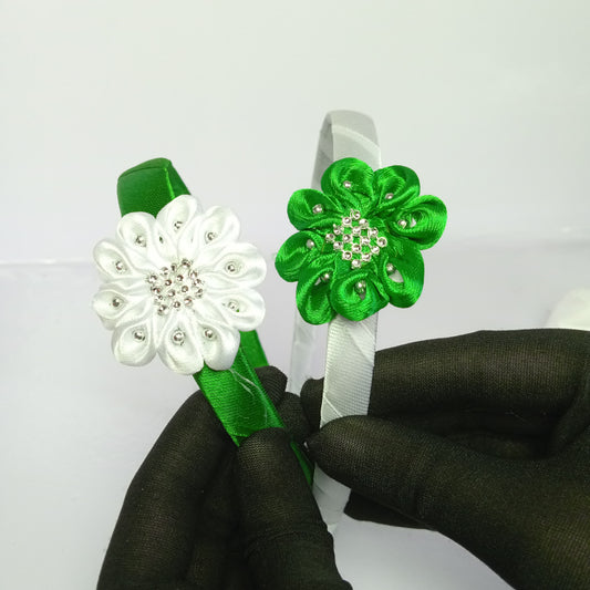 14th August Green & White Satin Flower Hair Band for Girls | Pakistan Independence Day Hair Accessory | Kids Floral Headband