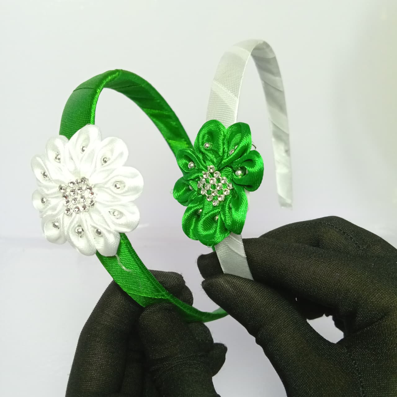 14th August Green & White Satin Flower Hair Band for Girls | Pakistan Independence Day Hair Accessory | Kids Floral Headband