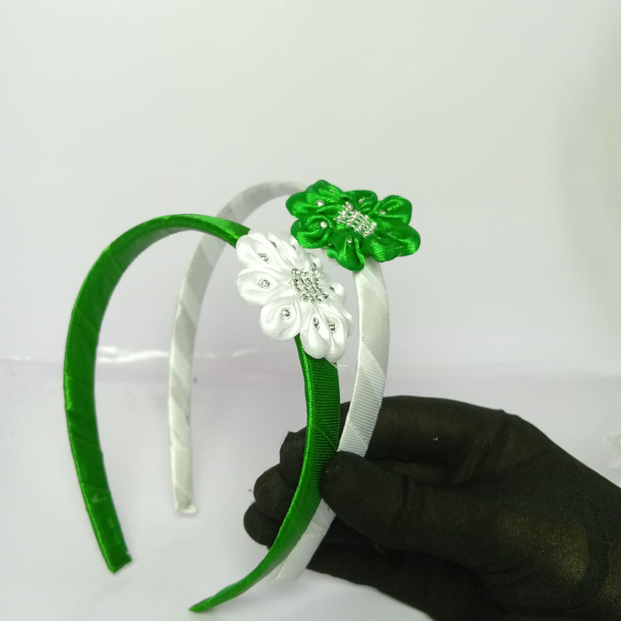 14th August Green & White Satin Flower Hair Band for Girls | Pakistan Independence Day Hair Accessory | Kids Floral Headband
