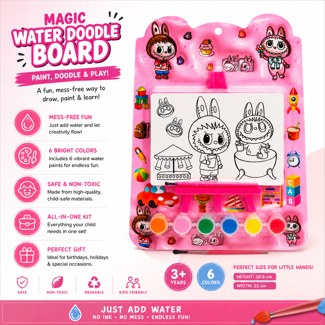 Magic Water Doodle Board for Kids with 6 Color Paint Set & Easel | Reusable Drawing & Painting Kit | Educational Toy | GulBano